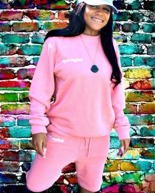 Pink keep praying keep grinding with embroidery stitching. Fresh stylish casual wear.